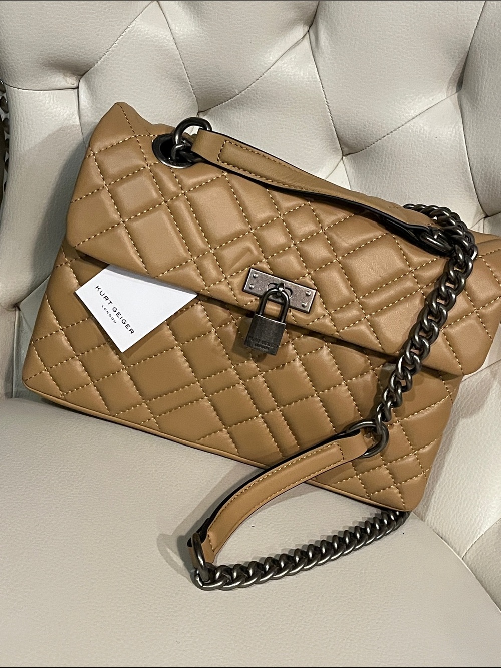 Kurt Geiger Quilted Tan Shoulder Bag Gunmetal Chain Eye Catching Quiet Luxury